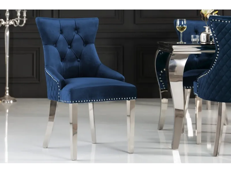Lot de 2 Chaises de château en velours bleu roi en acier inoxydable, tête de lion