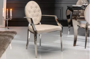 Chaise design baroque de salle à manger en velours coloris beige avec accoudoirs