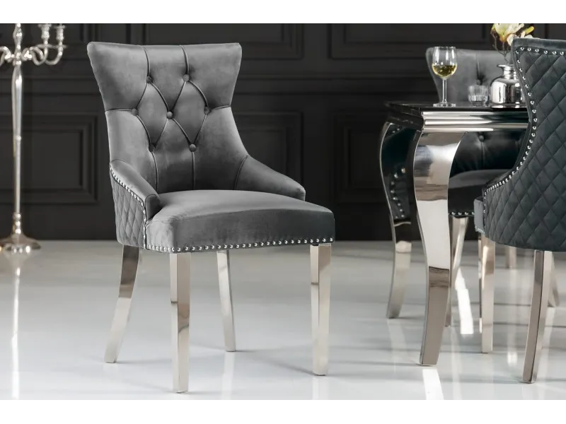 Lot de 2 Chaises de château en velours gris roi en acier inoxydable, tête de lion