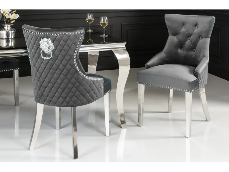 Lot de 2 Chaises de château en velours gris roi en acier inoxydable, tête de lion