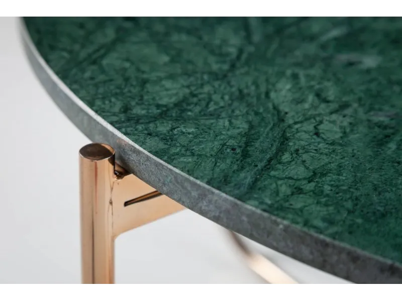 Table basse design en marbre coloris vert avec piétement en métal doré