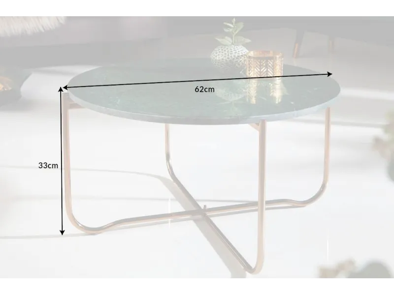 Table basse design en marbre coloris vert avec piétement en métal doré