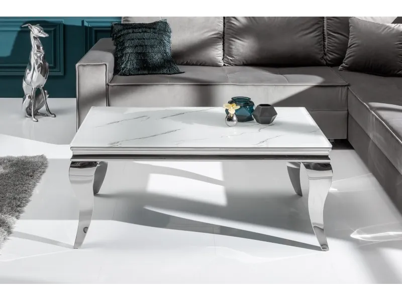 Table basse marbre argenté de style baroque 100 cm