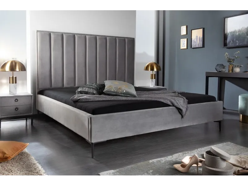 Lit design 160x200cm en velours coloris gris