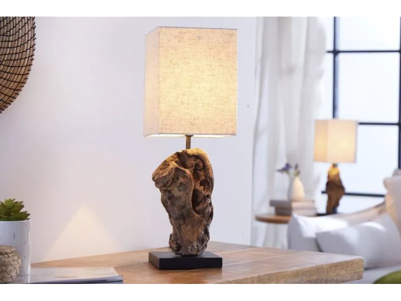 Lampe à poser 15 cm en bois flotté et lin beige