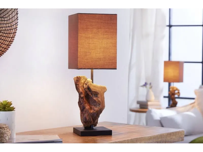 Lampe de 15cm en bois flotté et lin marron
