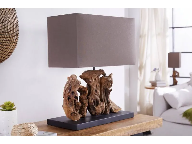 Lampe à poser de 40cm en bois flotté et lin brun