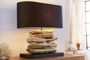 Lampe à poser design naturel en bois flotté avec abat jour en toile noir
