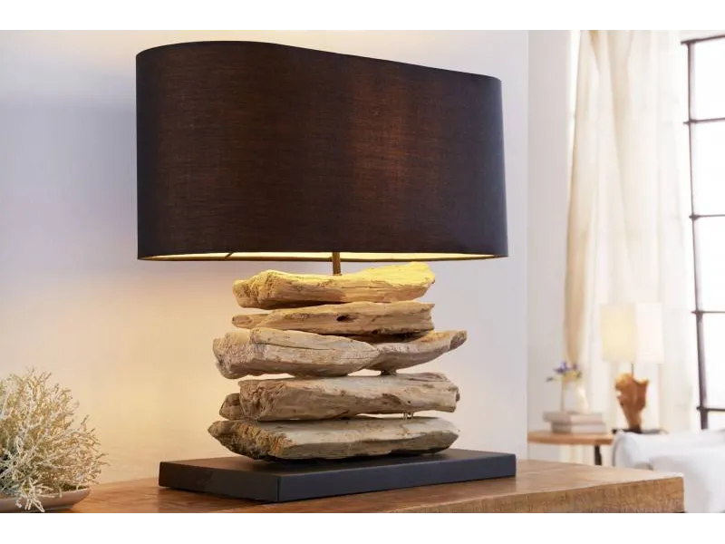 Lampe à poser design naturel en bois flotté avec abat jour en toile noir