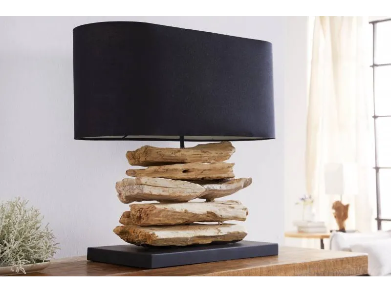 Lampe à poser design naturel en bois flotté avec abat jour en toile noir
