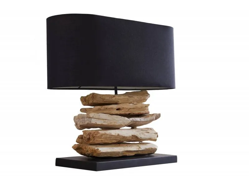 Lampe à poser design naturel en bois flotté avec abat jour en toile noir