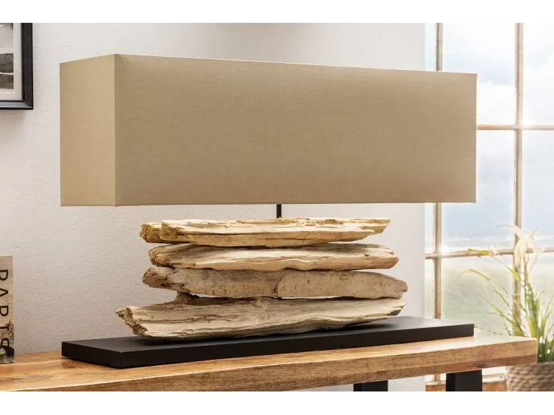 Lampe 53 cm en bois flotté et lin écrue
