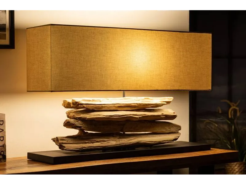 Lampe 53 cm en bois flotté et lin écrue