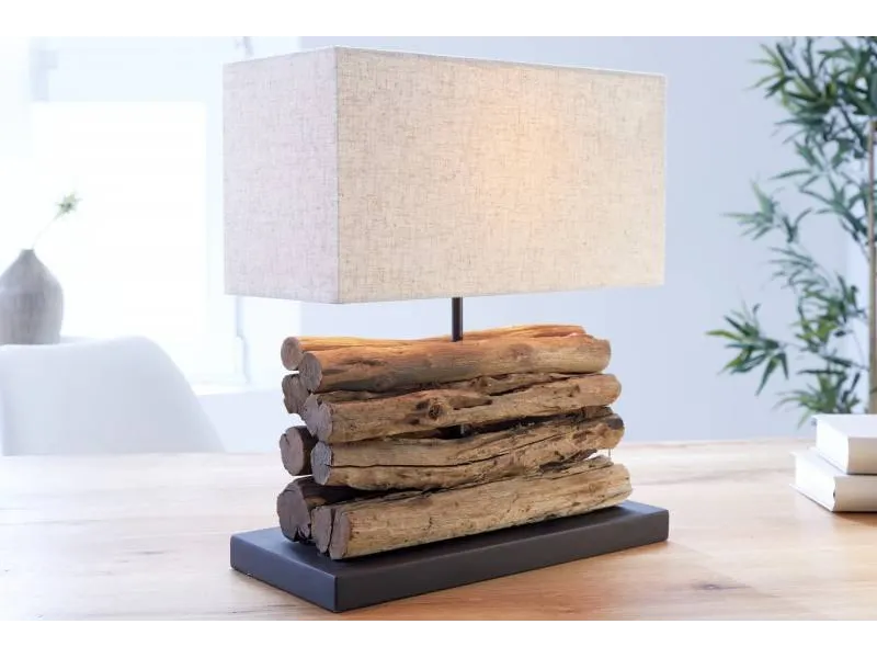 Lampe de 35cm en bois flotté et lin écrue