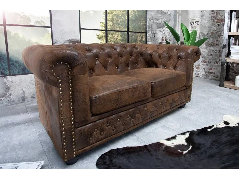 Canapé design chesterfield capitonné en simili cuir marron