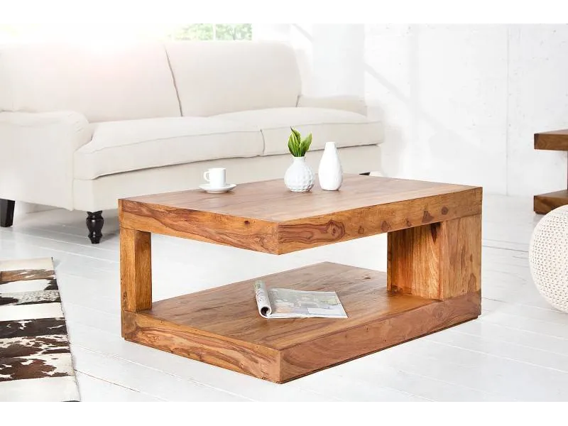 Table basse 90 cm design avec rangement en bois massif