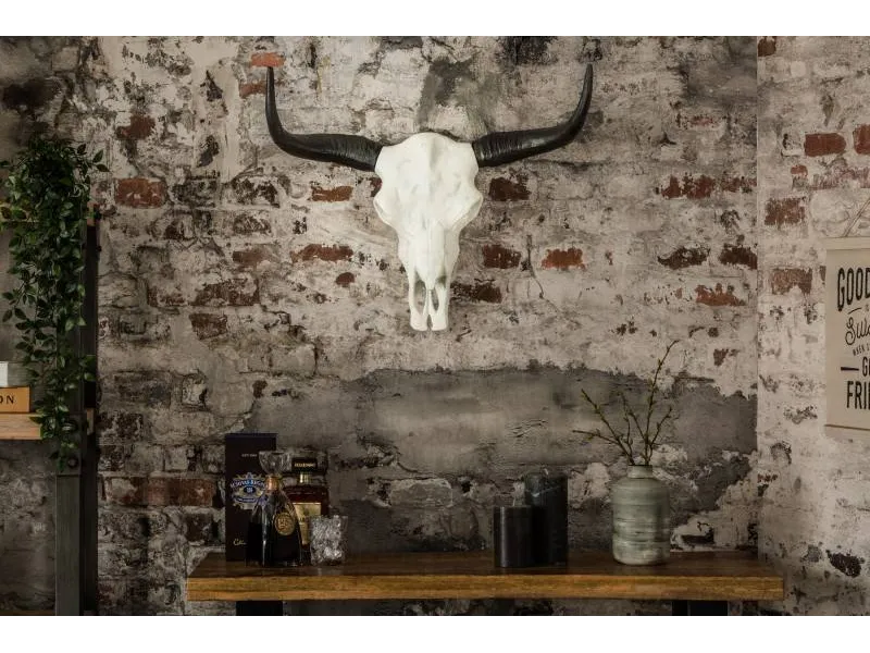 Trophée mural design crâne de taureau coloris blanc et noir de 70 cm