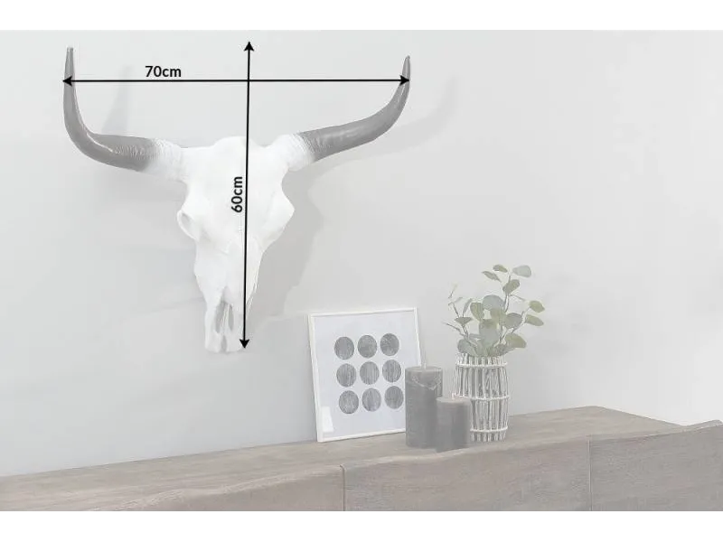 Trophée mural design crâne de taureau coloris blanc et noir de 70 cm