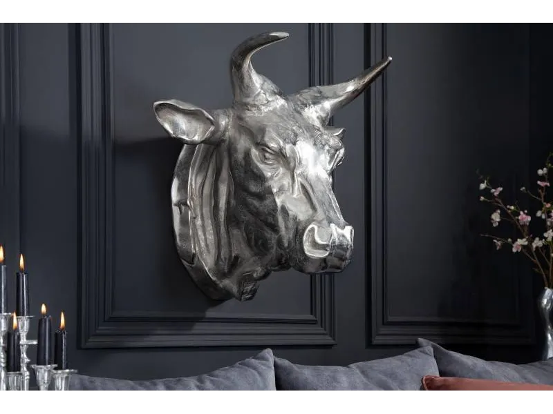 Trophée mural 65 cm en tête de taureau en aluminium argenté