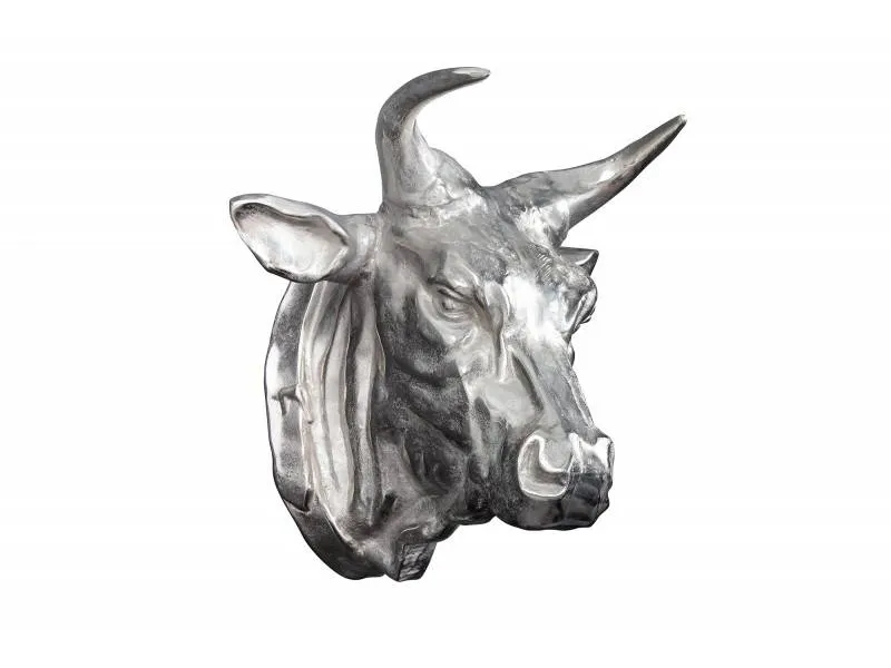 Trophée mural 65 cm en tête de taureau en aluminium argenté