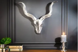 Trophée mural design tête de taureau peint argent 2