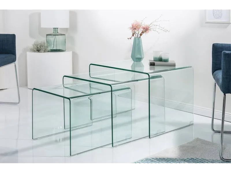 Ensemble de 3 tables basses en verre trempé coloris transparent