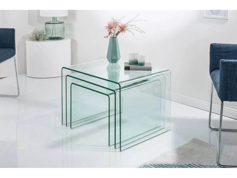 Ensemble de 3 tables basses en verre trempé coloris transparent
