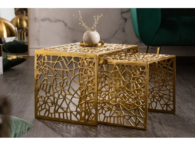 Ensemble de 2 tables basses faites à la main ABSTRACT 49cm dorées