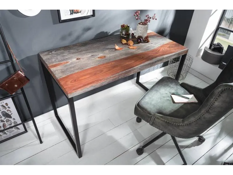 Bureau 118cm gris fumé en bois massif piètement métal