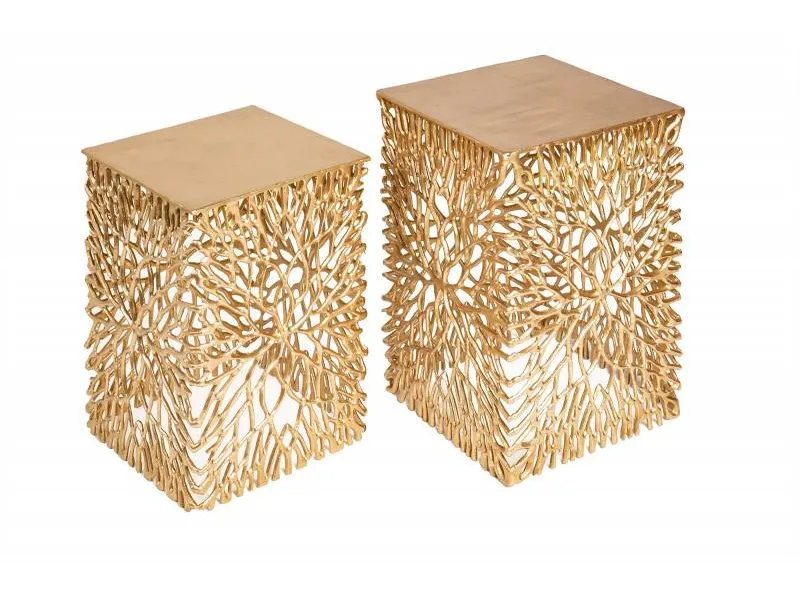 Ensemble de 2 tables d'appoint en forme de feuille en métal doré