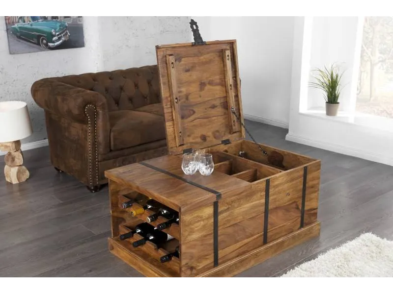 Table basse en bois massif 100cm barre de maison finition pierre