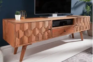 Meuble tv design scandinave coloris naturel en bois massif à 2 portes, une niche et un tiroir