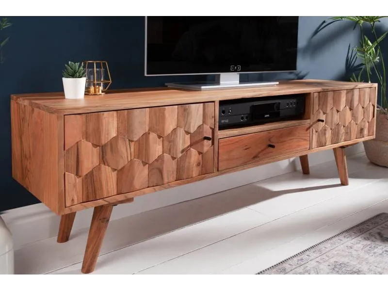 Meuble tv design scandinave coloris naturel en bois massif à 2 portes, une niche et un tiroir