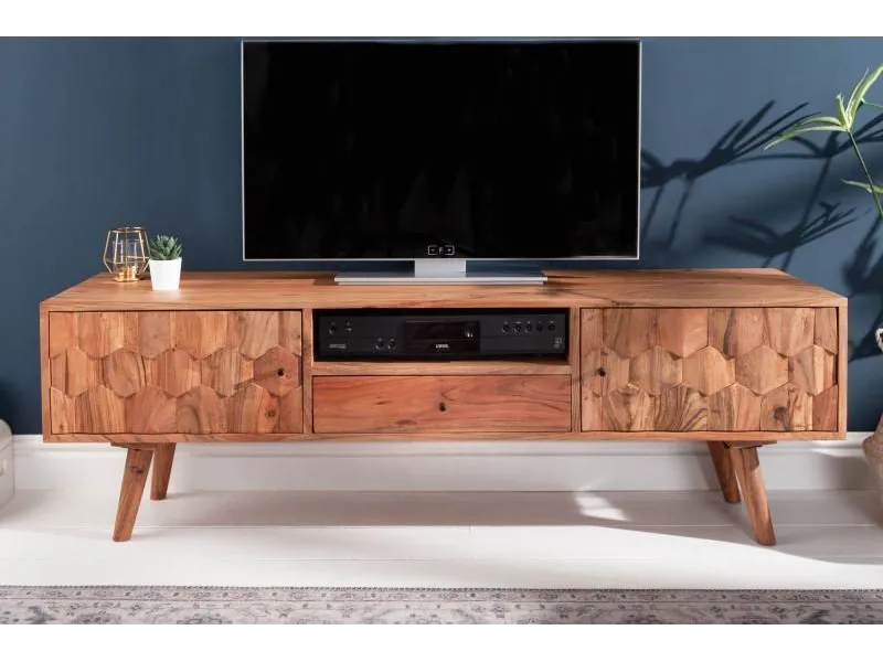 Meuble tv design scandinave coloris naturel en bois massif à 2 portes, une niche et un tiroir