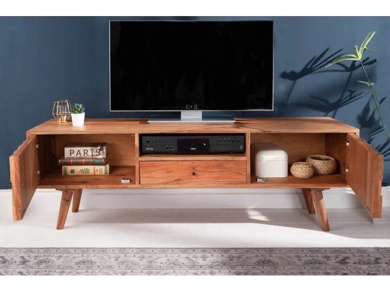 Meuble tv design scandinave coloris naturel en bois massif à 2 portes, une niche et un tiroir