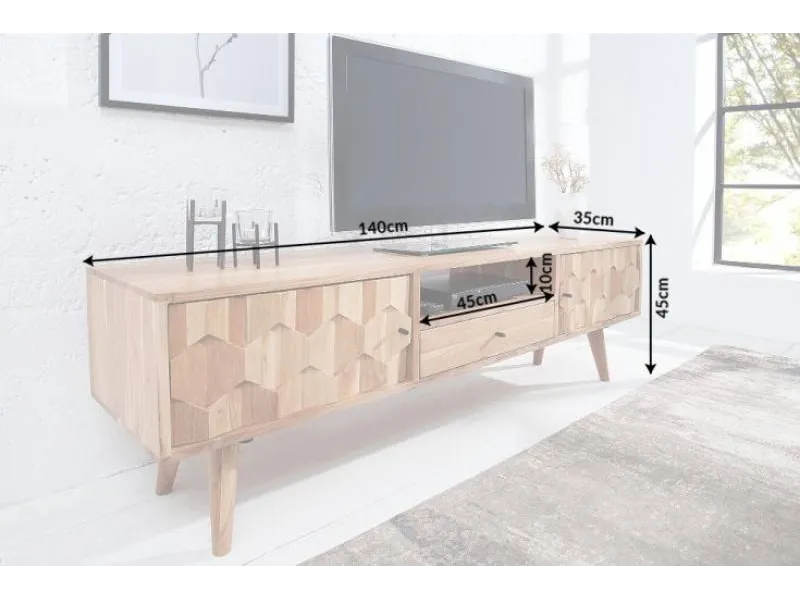 Meuble tv design scandinave coloris naturel en bois massif à 2 portes, une niche et un tiroir
