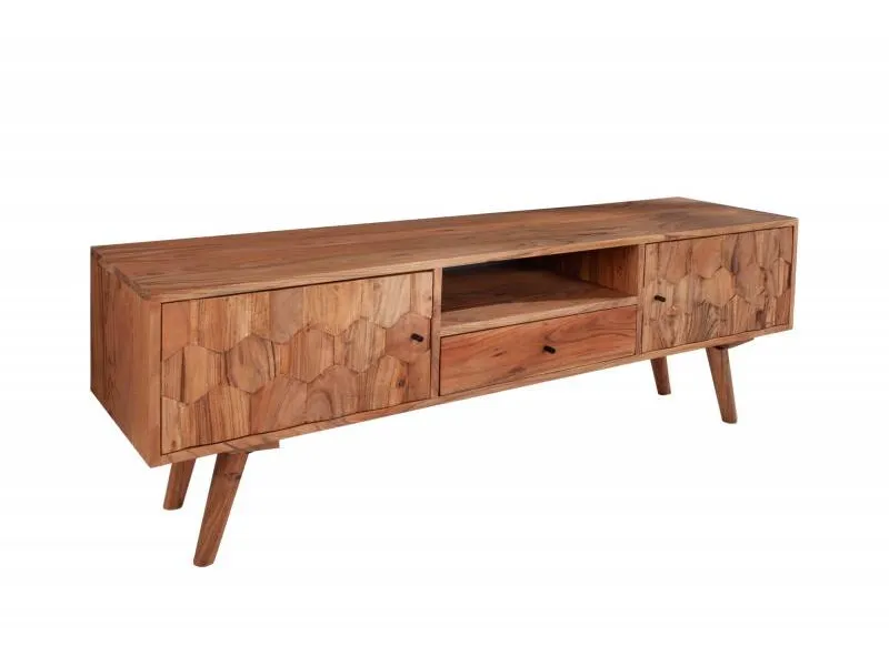 Meuble tv design scandinave coloris naturel en bois massif à 2 portes, une niche et un tiroir