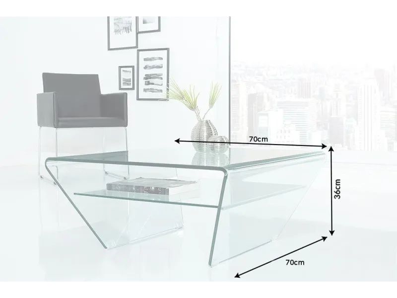 Table basse contemporaine en verre 70cm avec étagère transparente