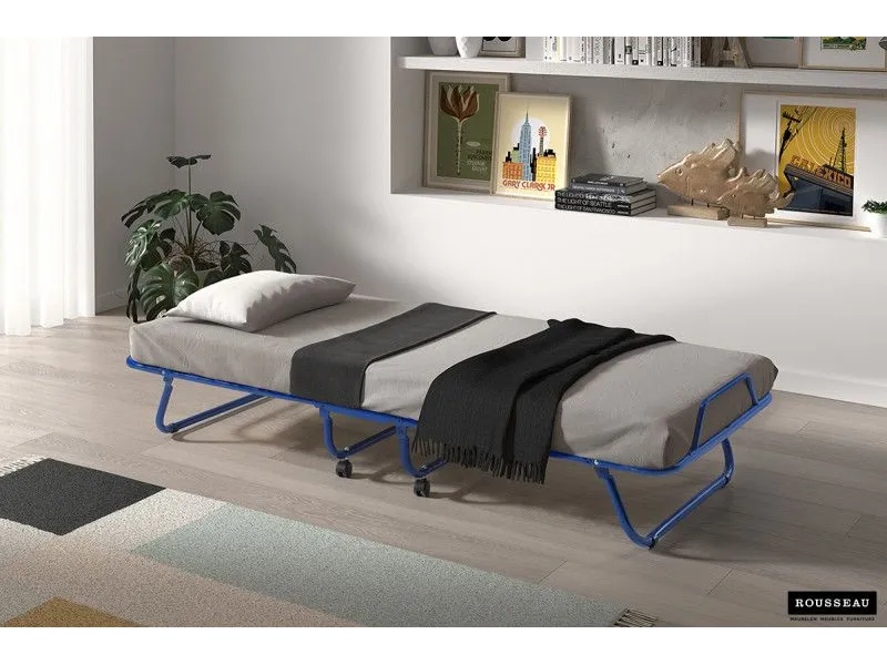 Lit pliable en métal gris 80x190 cm avec roues et matelas inclus