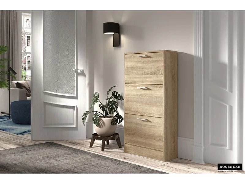 Meuble rangement chaussures, 3 compartiments, coloris chêne