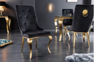 Lot de 2 Chaises de château en velours noir piètement en acier inoxydable, tête de lion doré