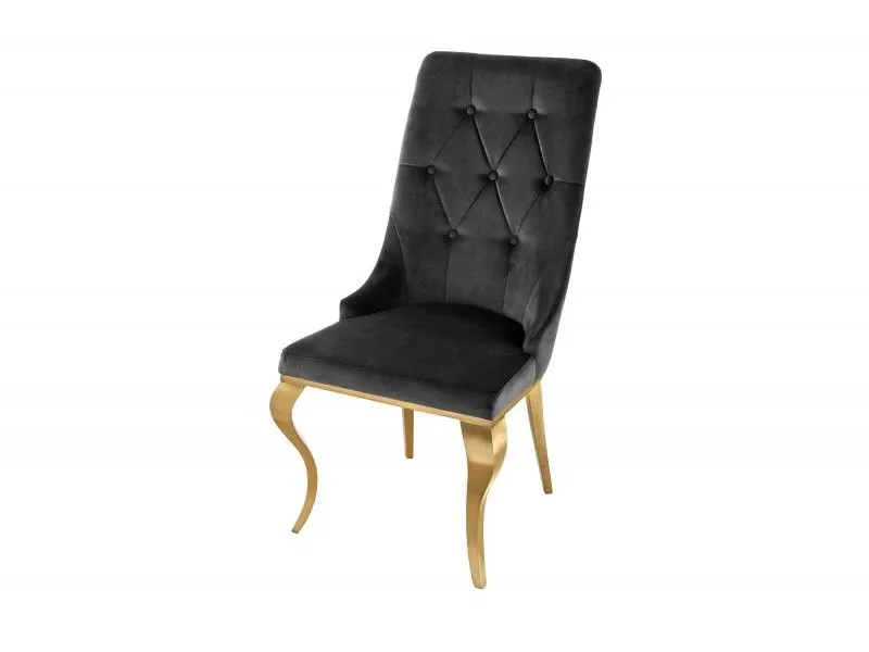 Lot de 2 Chaises de château en velours noir piètement en acier inoxydable, tête de lion doré