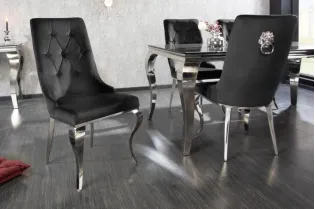 Lot de 2 Chaises de château en velours noir piètement en acier inoxydable, tête de lion argenté