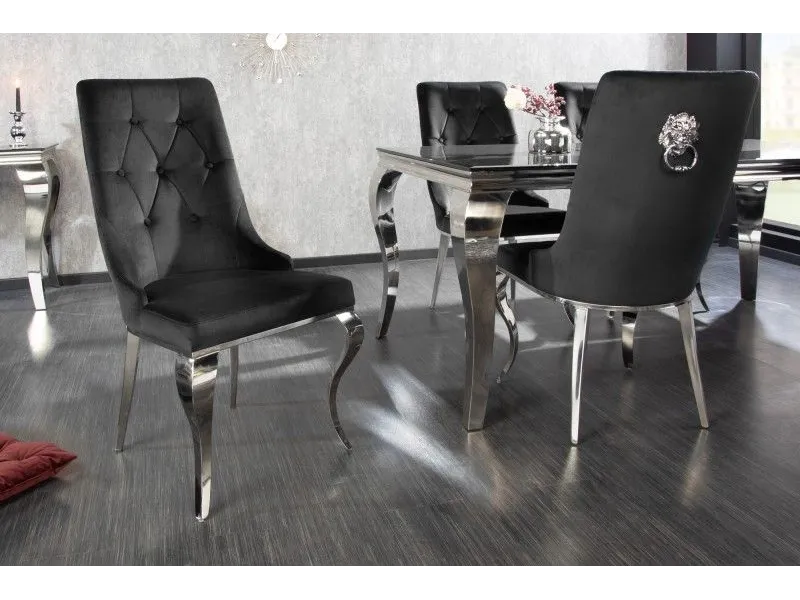 Lot de 2 Chaises de château en velours noir piètement en acier inoxydable, tête de lion argenté