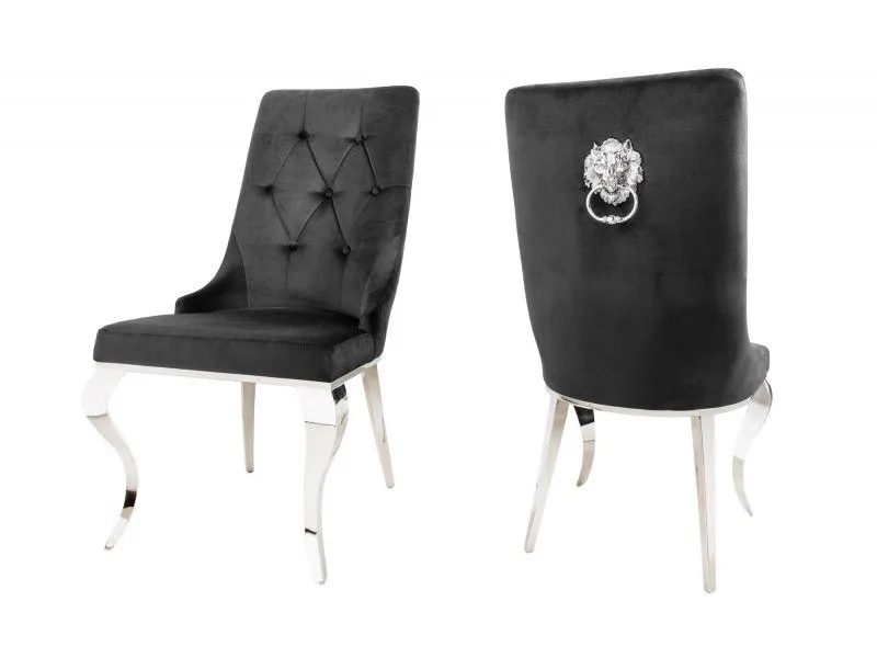 Lot de 2 Chaises de château en velours noir piètement en acier inoxydable, tête de lion argenté