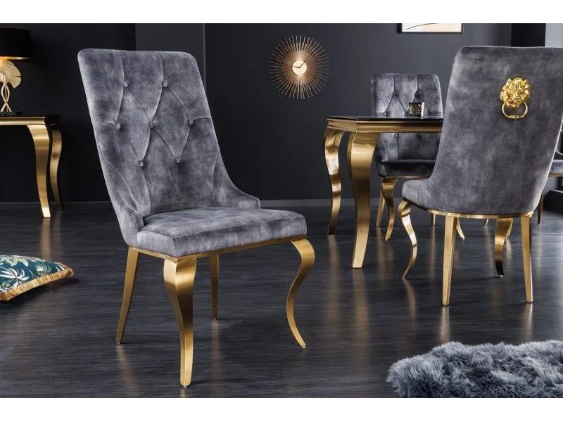 Lot de 2 Chaises de château en velours gris piètement en acier inoxydable, tête de lion doré