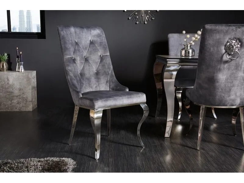 Lot de 2 Chaises de château en velours gris piètement en acier inoxydable, tête de lion argenté