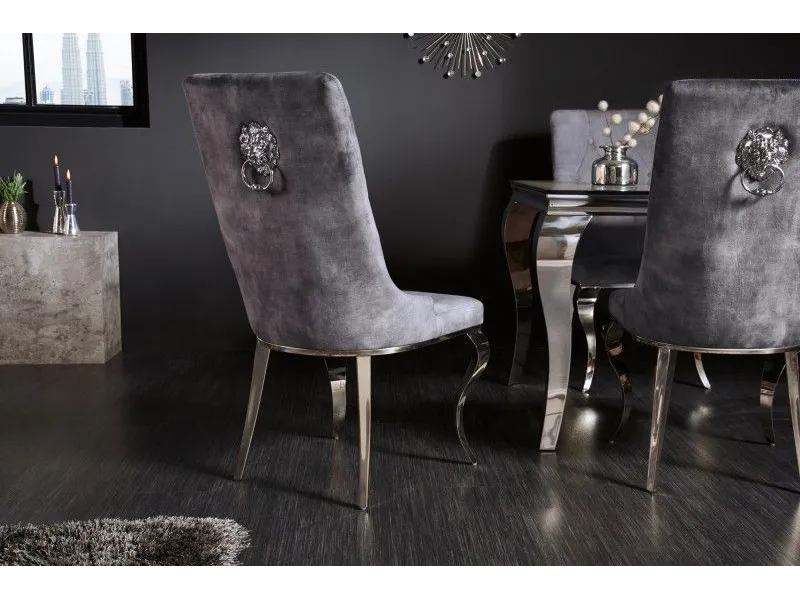 Lot de 2 Chaises de château en velours gris piètement en acier inoxydable, tête de lion argenté