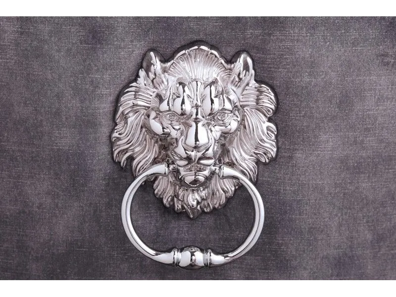 Lot de 2 Chaises de château en velours gris piètement en acier inoxydable, tête de lion argenté