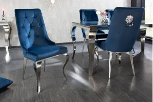 Lot de 2 Chaises de château en velours bleu royal piètement en acier inoxydable, tête de lion argenté